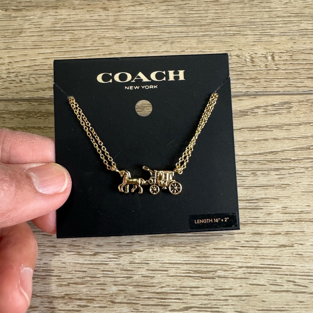 NWT Coach Horse and Carraige Double Chain Necklace Gold Tone. 16” - Picture 2 of 3